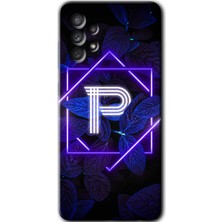 Galaxy A13 Kılıf Hd Desen Baskılı Arka Kapak + Esnek Nano Cam - Dark Neon Yaprak P Harfi