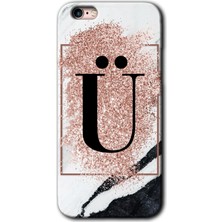 iPhone 6s Plus Kılıf Hd Desen Baskılı Arka Kapak + Kırılmaz Cam - Pembe Mermer Desenli Ü Harfi