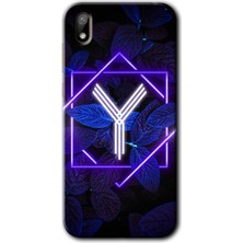 Huawei Y5 2019 Kılıf Hd Desen Baskılı Arka Kapak + Esnek Nano Cam - Dark Neon Yaprak Y Harfi
