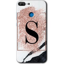 Gramaphone Honor 9 Lite Kılıf Hd Desen Baskılı Arka Kapak + Kırılmaz Cam - Pembe Mermer Desenli S Harfi