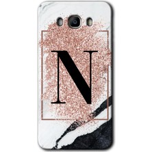 Gramaphone Galaxy J7 2016 Kılıf Hd Desen Baskılı Arka Kapak + Kırılmaz Cam - Pembe Mermer Desenli N Harfi