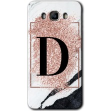 Gramaphone Galaxy J7 2016 Kılıf Hd Desen Baskılı Arka Kapak + Kırılmaz Cam - Pembe Mermer Desenli D Harfi