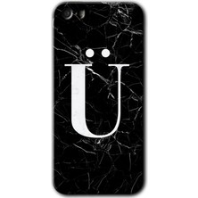 iPhone 5s Kılıf Hd Desen Baskılı Arka Kapak + Kırılmaz Cam - Siyah Mermer Desenli Ü Harfi