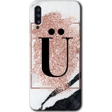 Gramaphone Galaxy A70 Kılıf Hd Desen Baskılı Arka Kapak + Kırılmaz Cam - Pembe Mermer Desenli Ü Harfi