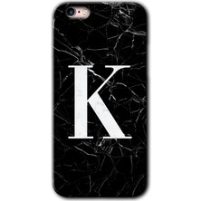 iPhone 6s Plus Kılıf Hd Desen Baskılı Arka Kapak + Kırılmaz Cam - Siyah Mermer Desenli K Harfi