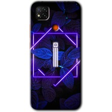 Gramaphone Redmi 9c Kılıf Hd Desen Baskılı Arka Kapak + Kırılmaz Cam - Dark Neon Yaprak I Harfi