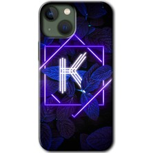 iPhone 13 Mini Kılıf Hd Desen Baskılı Arka Kapak + Kırılmaz Cam - Dark Neon Yaprak K Harfi