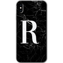 Gramaphone Apple iPhone x Kılıf Hd Desen Baskılı Arka Kapak - Siyah Mermer Desenli R Harfi