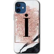 Gramaphone Apple iPhone 12 Mini Kılıf Hd Desen Baskılı Arka Kapak + Kırılmaz Cam - Pembe Mermer Desenli I Harfi