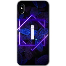 Gramaphone Apple iPhone x Kılıf Hd Desen Baskılı Arka Kapak + Kırılmaz Cam - Dark Neon Yaprak I Harfi