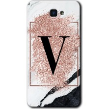 Galaxy J7 Prime 2 Kılıf Hd Desen Baskılı Arka Kapak + Kırılmaz Cam - Pembe Mermer Desenli V Harfi