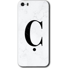 iPhone 5s Kılıf Hd Desen Baskılı Arka Kapak + Kırılmaz Cam - Beyaz Mermer Desenli Ç Harfi