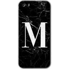 Gramaphone Apple iPhone 5s Kılıf Hd Desen Baskılı Arka Kapak + Esnek Nano Cam - Siyah Mermer Desenli M Harfi