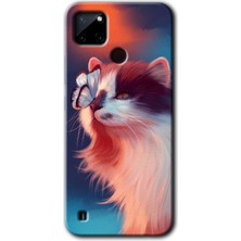 Realme C21 Kılıf Hd Desen Baskılı Arka Kapak + Esnek Nano Cam - Cat Butterfly