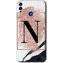 Gramaphone Honor 8c Kılıf Hd Desen Baskılı Arka Kapak + Esnek Nano Cam - Pembe Mermer Desenli N Harfi