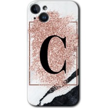 Gramaphone Apple iPhone 14 Kılıf Hd Desen Baskılı Arka Kapak + Kırılmaz Cam - Pembe Mermer Desenli C Harfi