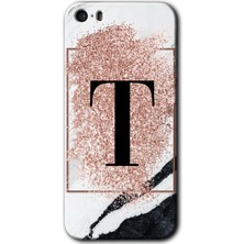 iPhone 5s Kılıf Hd Desen Baskılı Arka Kapak + Kırılmaz Cam - Pembe Mermer Desenli T Harfi