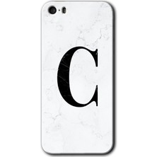 iPhone 5s Kılıf Hd Desen Baskılı Arka Kapak + Kırılmaz Cam - Beyaz Mermer Desenli C Harfi