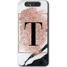 Gramaphone Galaxy A80 Kılıf Hd Desen Baskılı Arka Kapak + Esnek Nano Cam - Pembe Mermer Desenli T Harfi