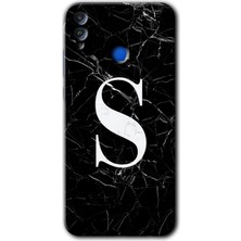 Gramaphone Honor 8x Kılıf Hd Desen Baskılı Arka Kapak + Kırılmaz Cam - Siyah Mermer Desenli S Harfi