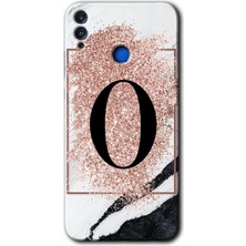 Gramaphone Honor 8x Kılıf Hd Desen Baskılı Arka Kapak + Esnek Nano Cam - Pembe Mermer Desenli O Harfi