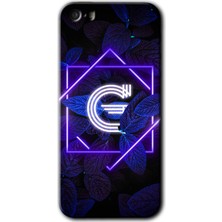 Gramaphone Apple iPhone 5s Kılıf Hd Desen Baskılı Arka Kapak + Kırılmaz Cam - Dark Neon Yaprak G Harfi
