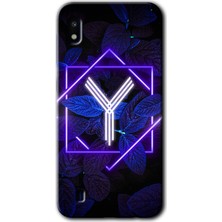 Gramaphone Galaxy A10 Kılıf Hd Desen Baskılı Arka Kapak + Kırılmaz Cam - Dark Neon Yaprak Y Harfi