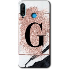 Huawei P30 Lite Kılıf Hd Desen Baskılı Arka Kapak - Pembe Mermer Desenli G Harfi