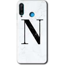 Gramaphone Huawei P30 Lite Kılıf Hd Desen Baskılı Arka Kapak + Esnek Nano Cam - Beyaz Mermer Desenli N Harfi