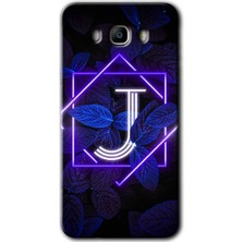 Galaxy J7 2016 Kılıf Hd Desen Baskılı Arka Kapak + Esnek Nano Cam - Dark Neon Yaprak J Harfi
