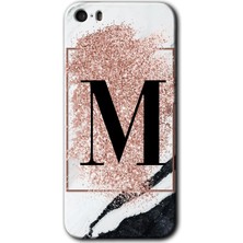 Gramaphone Apple iPhone 5s Kılıf Hd Desen Baskılı Arka Kapak + Kırılmaz Cam - Pembe Mermer Desenli M Harfi