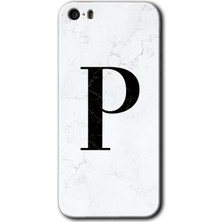 Gramaphone Apple iPhone 5s Kılıf Hd Desen Baskılı Arka Kapak + Kırılmaz Cam - Beyaz Mermer Desenli P Harfi
