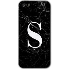 Gramaphone Apple iPhone 5s Kılıf Hd Desen Baskılı Arka Kapak + Kırılmaz Cam - Siyah Mermer Desenli S Harfi
