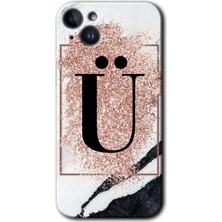 Gramaphone Apple iPhone 14 Plus Kılıf Hd Desen Baskılı Arka Kapak + Esnek Nano Cam - Pembe Mermer Desenli Ü Harfi