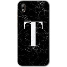 Gramaphone Huawei Y5 2019 Kılıf Hd Desen Baskılı Arka Kapak + Esnek Nano Cam - Siyah Mermer Desenli T Harfi