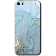 Gramaphone Apple iPhone 5s Kılıf Hd Desen Baskılı Arka Kapak + Kırılmaz Cam - Mavi Gold Mermer