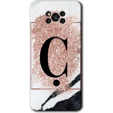 Gramaphone Poco X3 Nfc Kılıf Hd Desen Baskılı Arka Kapak + Esnek Nano Cam - Pembe Mermer Desenli Ç Harfi