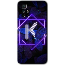 Gramaphone Redmi 10 Kılıf Hd Desen Baskılı Arka Kapak + Kırılmaz Cam - Dark Neon Yaprak K Harfi