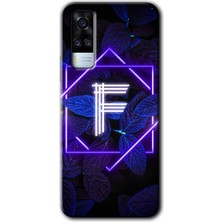 Vivo Y51A Kılıf Hd Desen Baskılı Arka Kapak + Kırılmaz Cam - Dark Neon Yaprak F Harfi