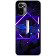 Redmi Note 10 Kılıf Hd Desen Baskılı Arka Kapak + Kırılmaz Cam - Dark Neon Yaprak I Harfi