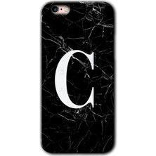 Gramaphone Apple iPhone 6s Kılıf Hd Desen Baskılı Arka Kapak + Kırılmaz Cam - Siyah Mermer Desenli C Harfi