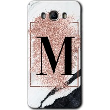 Gramaphone Galaxy J7 2016 Kılıf Hd Desen Baskılı Arka Kapak + Kırılmaz Cam - Pembe Mermer Desenli M Harfi