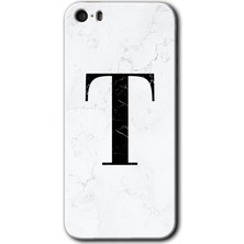 Gramaphone Apple iPhone 5s Kılıf Hd Desen Baskılı Arka Kapak + Kırılmaz Cam - Beyaz Mermer Desenli T Harfi
