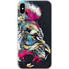iPhone Xs Max Kılıf Hd Desen Baskılı Arka Kapak + Esnek Nano Cam - Colorfull Aslan