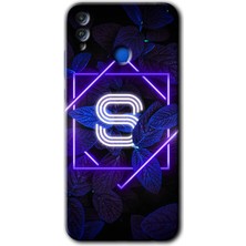 Honor 8c Kılıf Hd Desen Baskılı Arka Kapak + Esnek Nano Cam - Dark Neon Yaprak S Harfi