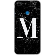 Honor 9 Lite Kılıf Hd Desen Baskılı Arka Kapak + Esnek Nano Cam - Siyah Mermer Desenli M Harfi
