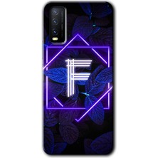 Gramaphone Vivo Y20 Kılıf Hd Desen Baskılı Arka Kapak - Dark Neon Yaprak F Harfi