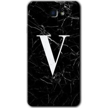 Gramaphone Galaxy J7 Prime 2 Kılıf Hd Desen Baskılı Arka Kapak + Kırılmaz Cam - Siyah Mermer Desenli V Harfi