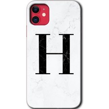Gramaphone Apple iPhone 11 Kılıf Hd Desen Baskılı Arka Kapak + Kırılmaz Cam - Beyaz Mermer Desenli H Harfi