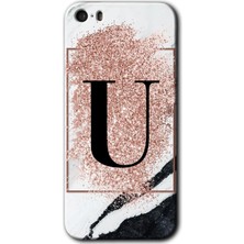 Gramaphone Apple iPhone 5s Kılıf Hd Desen Baskılı Arka Kapak + Kırılmaz Cam - Pembe Mermer Desenli U Harfi